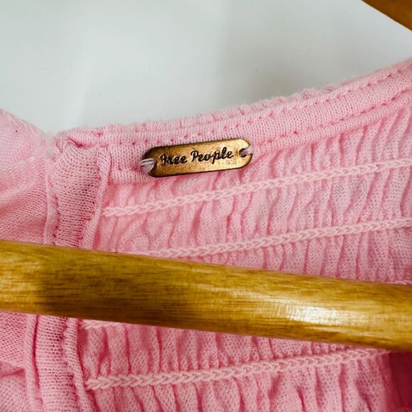 Free People Womens Pink Open Back Smocked Puff Sleeve Peplum Tie Blouse Top L/XL - Picture 7 of 9